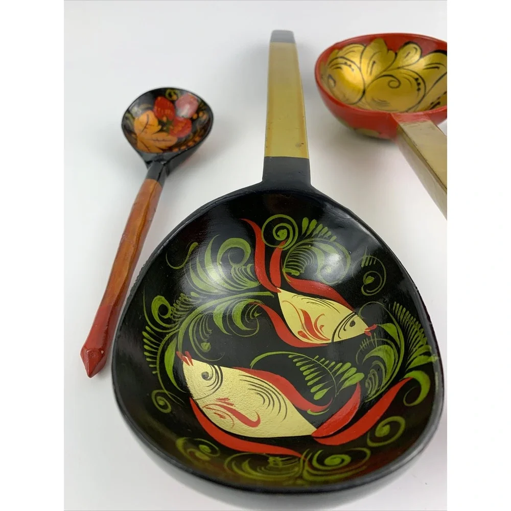 Set of 4 Vintage Khokhloma Painted Wooden Spoons Ladles Decorative Kitchenware